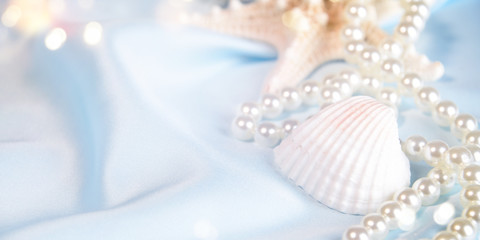Wedding background with pearls and sea shell. Luxury wedding background