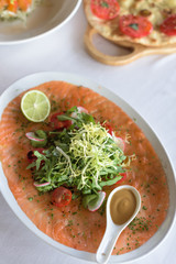 Fresh Salmon Carpaccio with Spicy Greens and Lime, Served with Mustard Sauce