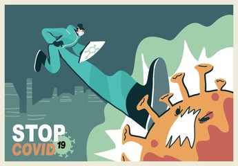 Fight with Coronavirus concept. Illustration of a doctor fighting with covid-19 corona virus. Disease campaign poster