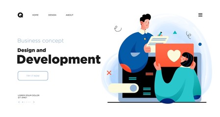 Design and Development. Landing page template with Programmer or designer working in a company office. Website design
