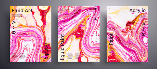 Abstract vector placard, texture pack of fluid art covers. Artistic background that can be used for design cover, poster, brochure and etc. Pink, orange and white unusual creative surface template