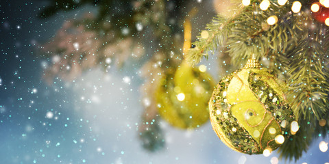 Christmas Ornament On Wooden Background With Snowflakes, Greeting card Merry Christmas and Happy New Year