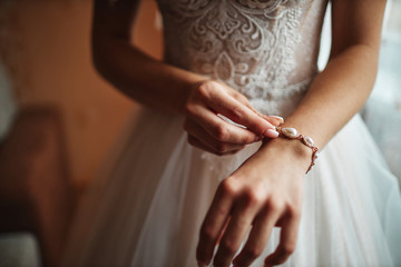 Obraz na płótnie Canvas bride is wearing a wedding dress