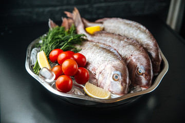Fresh uncooked dorado fish with vegetables, side view, horizontal
