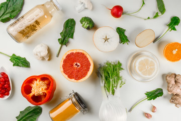 Immune boosting health food selection over white background