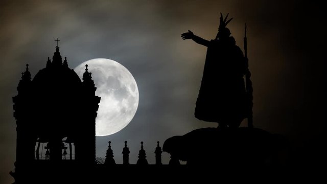 Statue of Inca King Pachacutec: Time Lapse by Night with Full Moon, Plaza de Armas, Cusco, Peru