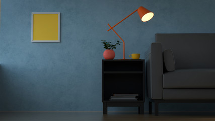 Room with blue walls, gray leather sofa and black stand with lamp minimalist interior, 3d illustration