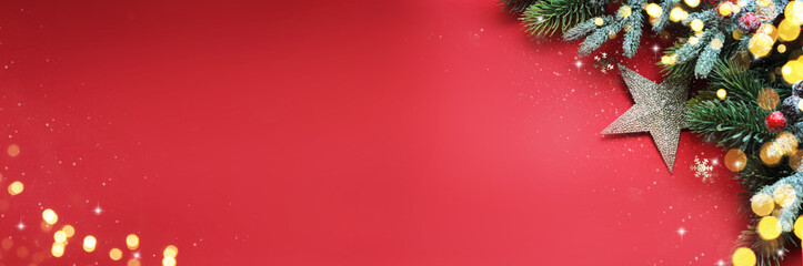 Obraz premium Christmas ornaments on red background, border design, top view