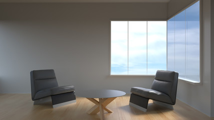 Room with white walls, two black armchairs, black table in the center and wooden parquet floor minimalist light mood interior, 3d illustration