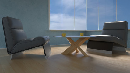 Room with blue walls, two black armchairs, black table in the center and wooden parquet floor minimalist light mood interior, 3d illustration