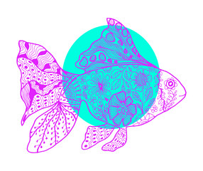 Hand drawing doodles and zentangle nautical art. Pink and blue fish vector illustration.