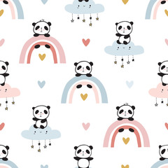 Cool seamless pattern with hand drawn cute pandas on the rainbows and clouds. Baby design for kids apparel, nursery wall art, kids textile, wallpapers, gift wrap and scrapbook. Vector.
