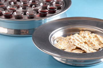 Elements of the Holy Communion or Lords Supper on a Blue Blackground