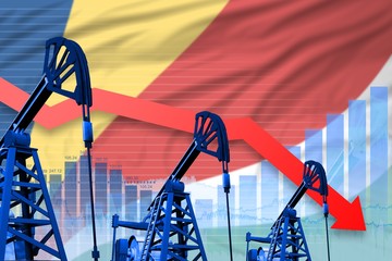 lowering, falling graph on Seychelles flag background - industrial illustration of Seychelles oil industry or market concept. 3D Illustration