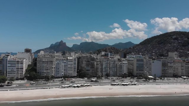 Sideways pan showing Copacabana boulevard with Cantagalo favela and wider Rio de Janeiro cityscape behind an almost empty beach during the Corona virus outbreak end of March