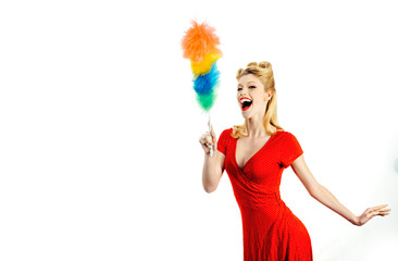 Funny smiling cleaner woman. Isolated over white background. Retro housekeeper cleaning.