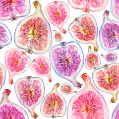 Seamless pattern from pink purple sliced figs. Realistic fruits hand drawn botanical illustration for banners, labels, cards, printing on clothes, phone cases.