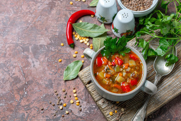 Hot lentil soup with vegetables.
