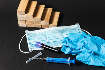 Schedule of reduction from wooden blocks, pandemic, disease. Syringe, medical mask, blood tests....
