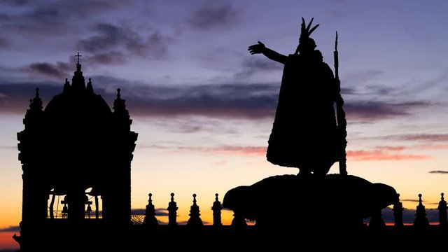 Statue of the Incas King Pachacutec at Plaza de Armas, Time Lapse at Twilight, Cusco, Peru