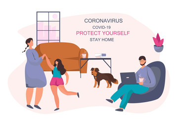 Family Stay at Home, Stay Safe.Working home.People keeping Distance for Decrease Infection Risk For Prevent Virus Covid-19. Stay Home on Quarantine During the Coronavirus Epidemic.Vector Illustration