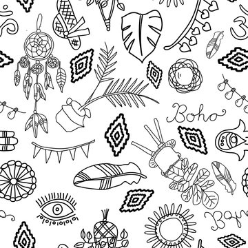 Vector Seamless Pattern with boho symbols as dreamcatcher, feather, eye, hamsa hand, plants and flowers, macrame, retro mirrors