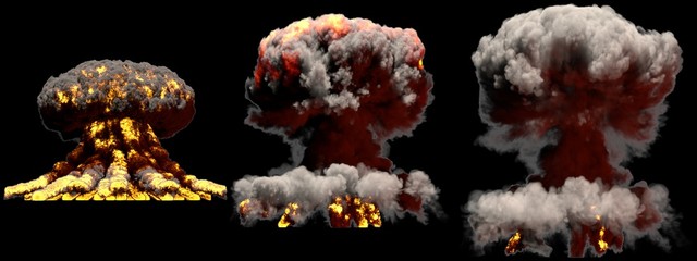 3D illustration of explosion - 3 large different phases fire mushroom cloud explosion of hydrogen bomb with smoke and flame isolated on black background