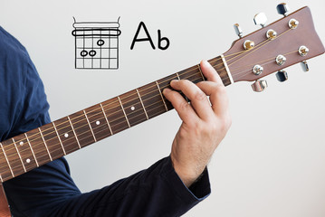 Learn Guitar - Man in a dark blue shirt playing guitar chords displayed on whiteboard, Chord A flat...