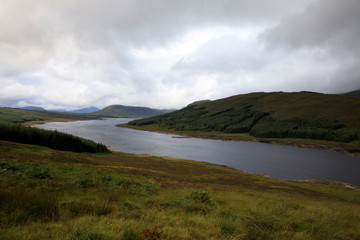 Skye Island (Scotland), UK - August 15, 2018: Typical landscape of Scotland, Isle of Skye, Inner Hebrides, Scotland, United Kingdom