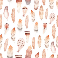 Hand painted watercolor feathers seamless pattern. Boho digital paper.