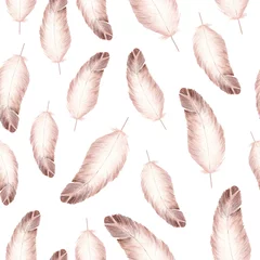 Behang Aquarel veren Handgemaakte aquarel veren naadloze patroon op witte achtergrond.