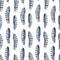 Hand painted watercolor feathers seamless pattern. Boho style illustration.