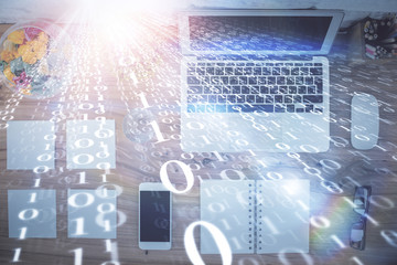 Double exposure of data theme drawing hologram over topview work table background with computer. Concept of technology.
