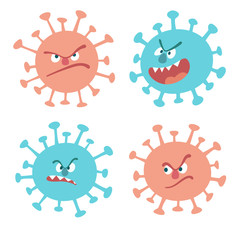Funny angry cartoon viruses (coronavirus or 2019-ncov, covid-19).  Set of four illustrations isolated on white background.