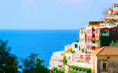 Citiscape and landscape of Positano town on Amalfi Coast reflex