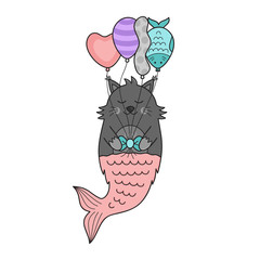 Cute mermaid cat vector illustration. Hand drawn outlined birthday underwater cat holding balloons. Isolated.