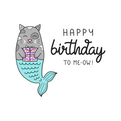 Happy birthday mermaid cat vector illustration. Hand drawn outlined cute underwater cat holding gift. Isolated greeting card.