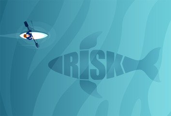Vector of a man in a small boat floats next to a big shark or whale.