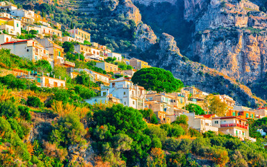 Positano town at Amalfi coast and Tyrrhenian sea reflex