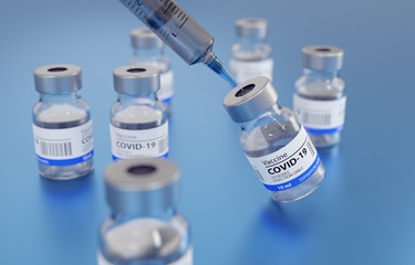 3D Illustration of a Generic Covid19 Vaccin and a Syringe, Blue Background