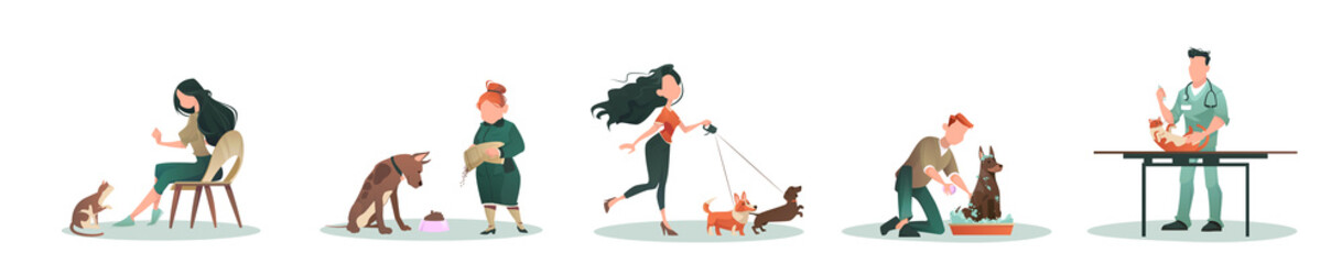 Vector of people walking, feeding, vaccinating and taking care of animals dogs and cats