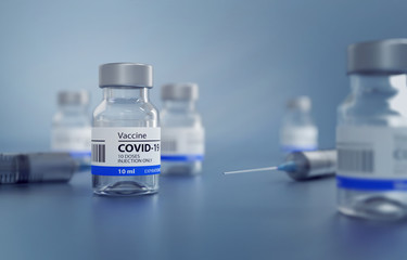 3D Illustration of a Generic Covid19 Vaccin and a Syringe, Blue Background