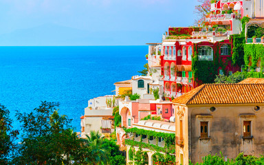 Villas in Positano town at Tyrrhenian sea reflex