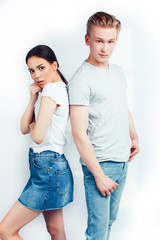 Naklejka premium modern hipster guys together couple diverse nations, asian girl and caucasian blond boy isolated on white background, lifestyle people concept