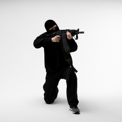 Man in mask With gun on white background	