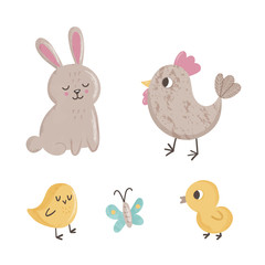 Cute set with spring animals: butterfly, chicks, chicken and rabbit on white background 