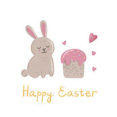Cute bunny with cake, hearts and lettering. Concept for Easter