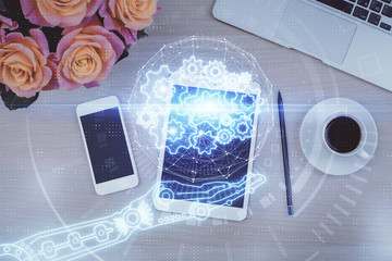 Multi exposure of technology theme drawing over work table desktop. Top view. Global data analysis concept.