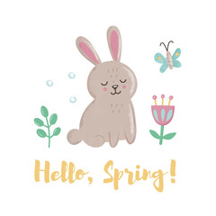 Cute bunny with butterfly, leaves and flowers. Concept with lettering 