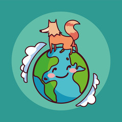 card of planet earth smiling and fox